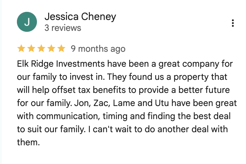 Screenshot of Jessica Cheney's five-star Google review for Elk Ridge Management